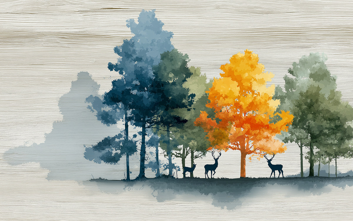 Abstract Deer Forest Mural Wallpaper | Minimalist Landscape with Colorful Trees