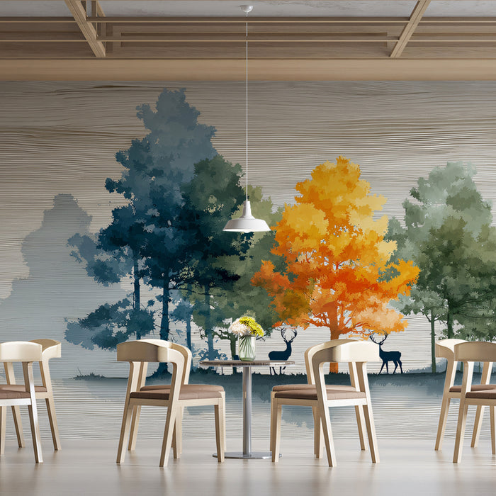 Abstract Deer Forest Mural Wallpaper | Minimalist Landscape with Colorful Trees