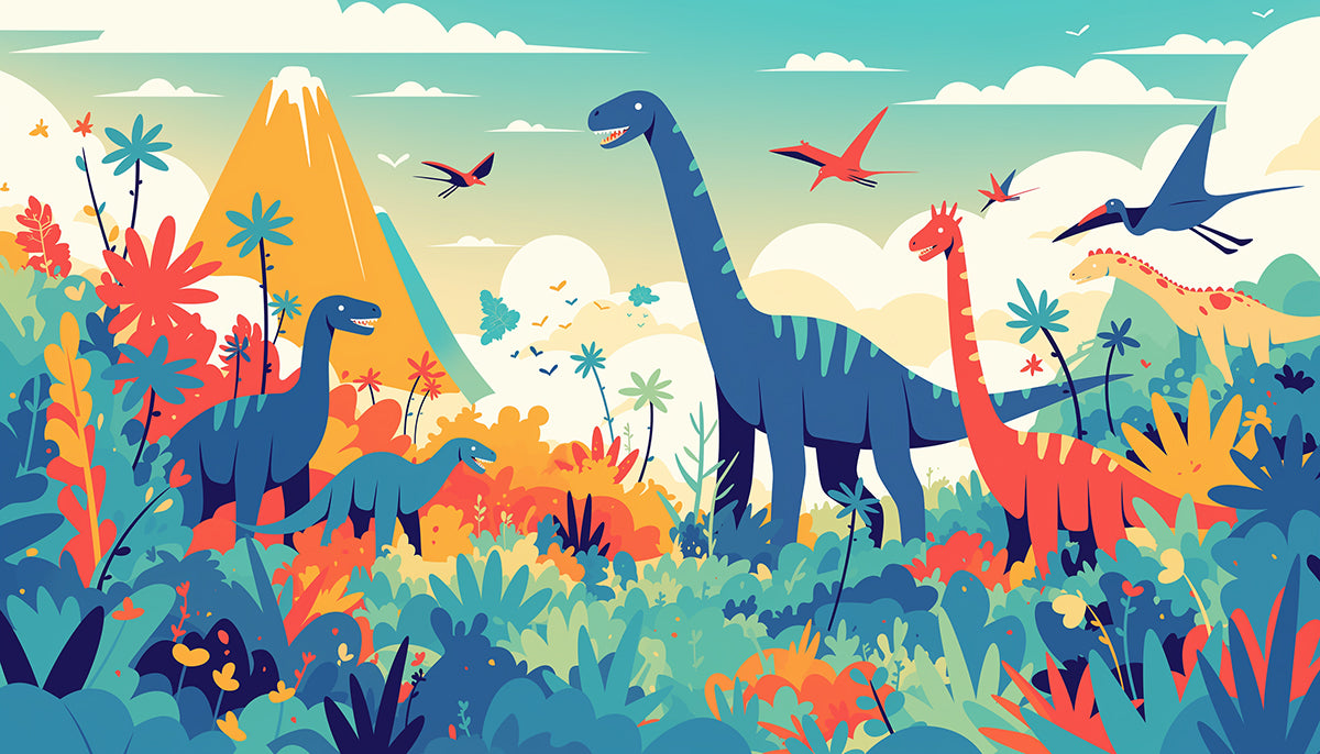 Dinosaur- und Bergwandbild-Hintergrundbild für Schlafzimmer | Verschiedene Farben (Grün, Gelb, Blau usw.) von Dinosaurier