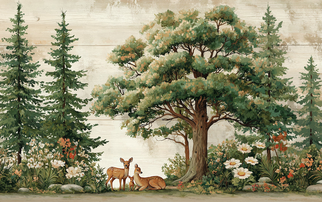 Rustic Forest Mural Wallpaper | Peaceful Deer & Lush Greenery