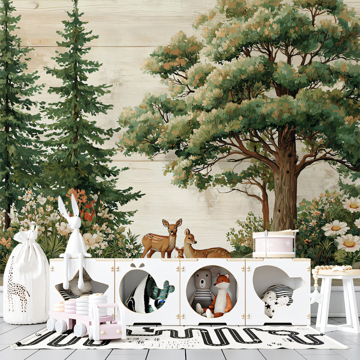 Rustic Forest Mural Wallpaper | Peaceful Deer & Lush Greenery