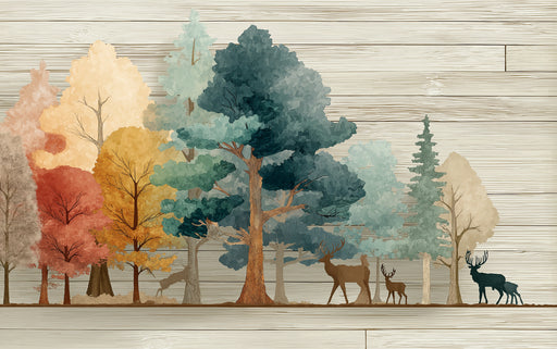 Illustration of trees and deer in a forest setting with a wooden background