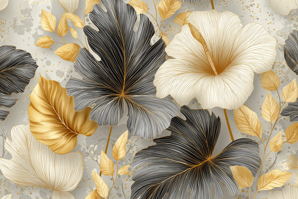 Gilded Tropical Floral Mural Wallpaper | Gold & Monochrome Leaves