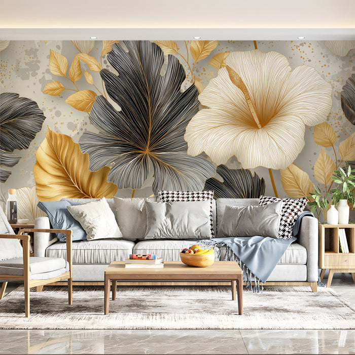 Gilded Tropical Floral Mural Wallpaper | Gold & Monochrome Leaves