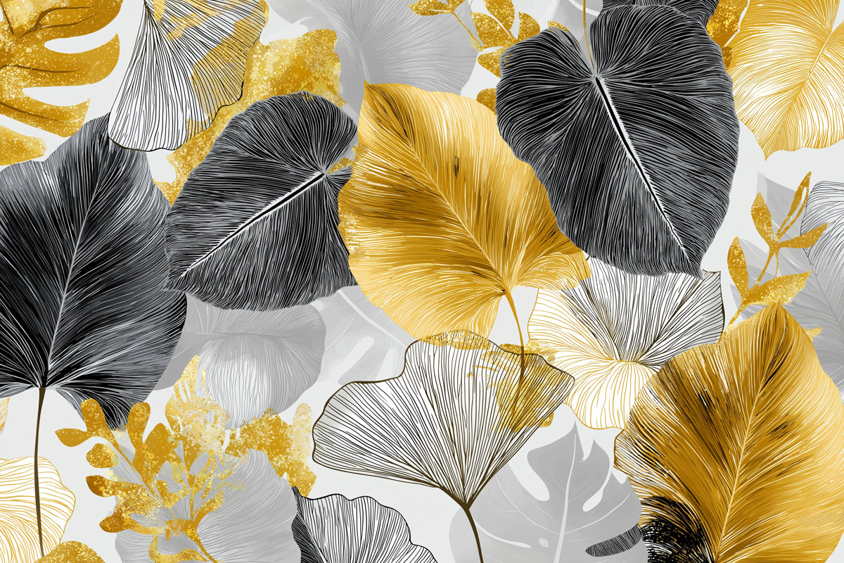 Gilded Tropical Leaf Mural Wallpaper | Abstract Gold, Black & Gray Foliage
