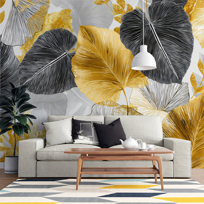 Gilded Tropical Leaf Mural Wallpaper | Abstract Gold, Black & Gray Foliage