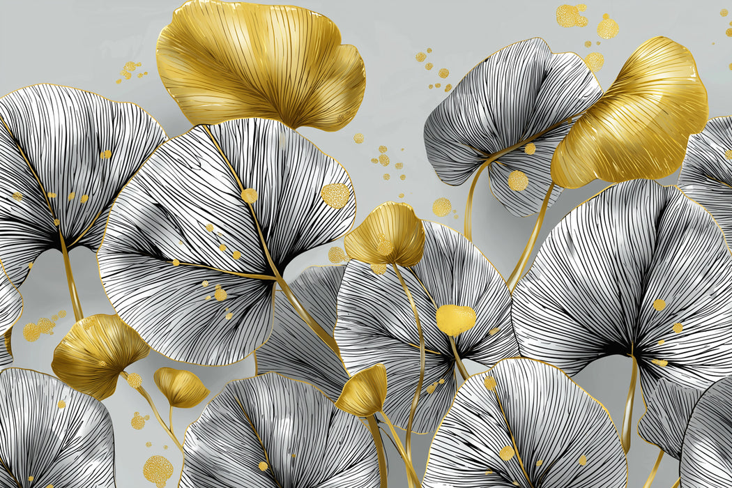 Gilded Round Leaf Mural Wallpaper | Abstract Gold & Monochrome Foliage