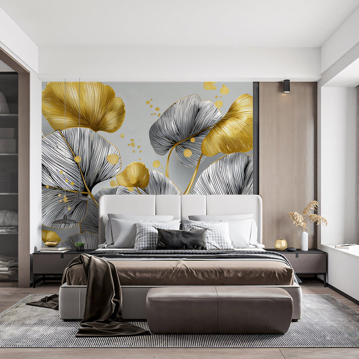 Gilded Round Leaf Mural Wallpaper | Abstract Gold & Monochrome Foliage