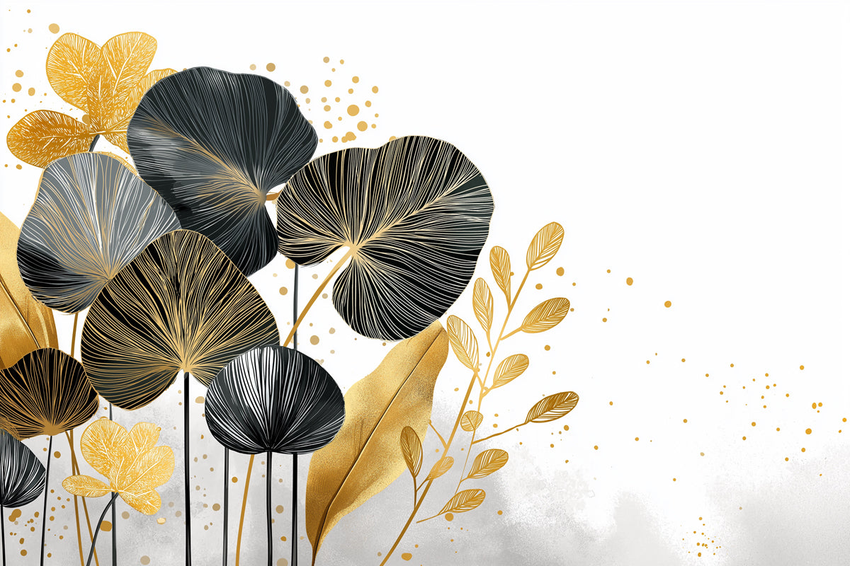 Gilded Tropical Foliage Mural Wallpaper | Abstract Gold, Black & White