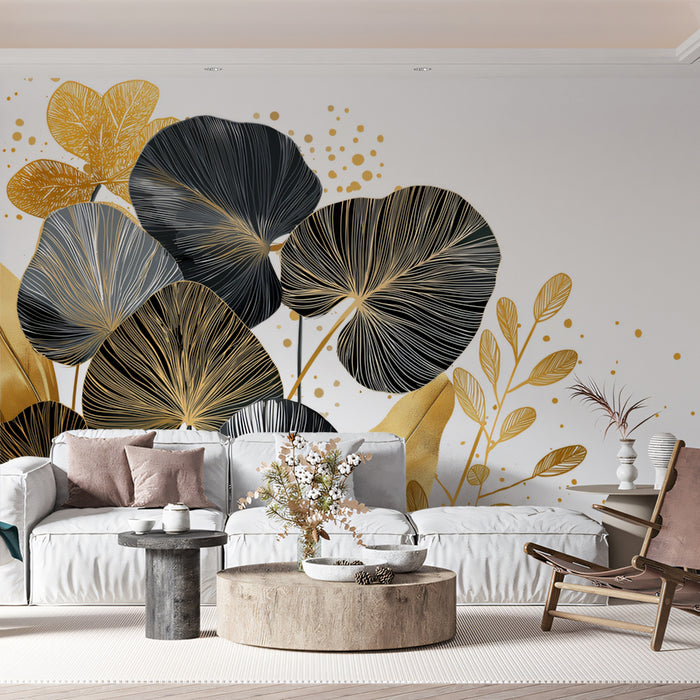Gilded Tropical Foliage Mural Wallpaper | Abstract Gold, Black & White