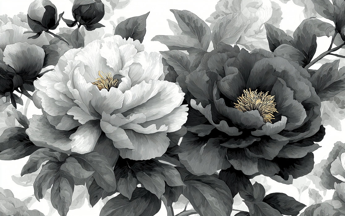 Monochrome Peony Floral Mural Wallpaper | Elegant Black & White with Gold