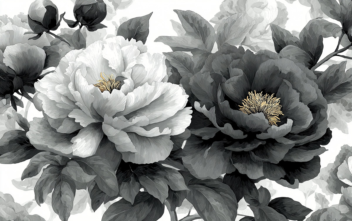 Monochrome Peony Floral Mural Wallpaper | Elegant Black & White with Gold