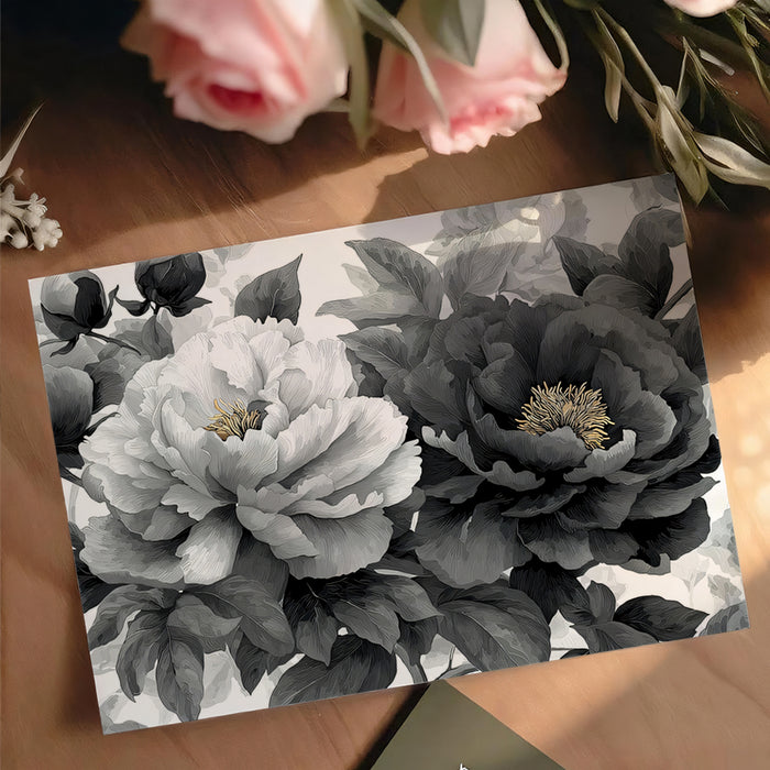 Monochrome Peony Floral Mural Wallpaper | Elegant Black & White with Gold