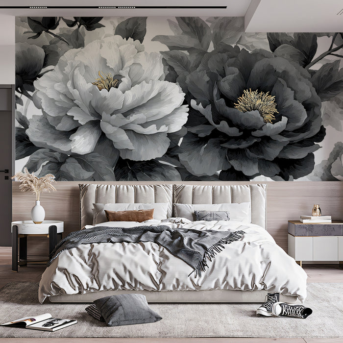 Monochrome Peony Floral Mural Wallpaper | Elegant Black & White with Gold