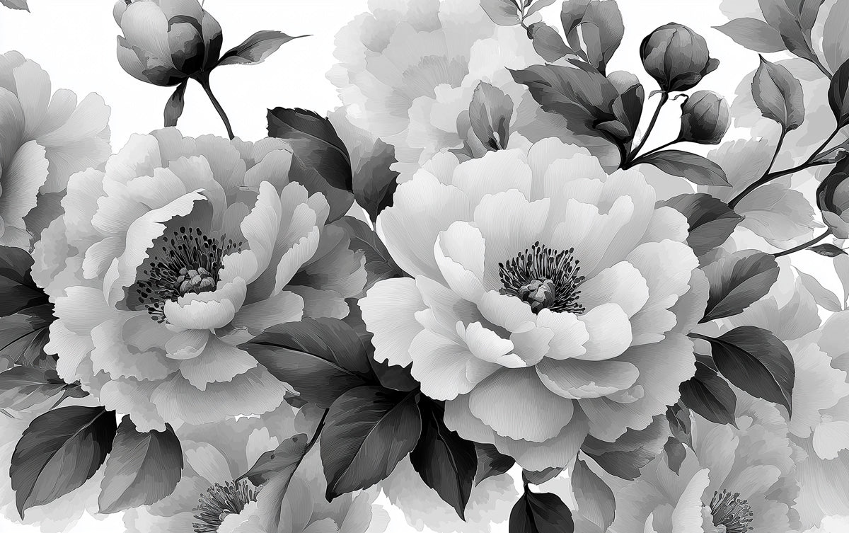 Monochrome Peony Floral Mural Wallpaper | Elegant Black & White