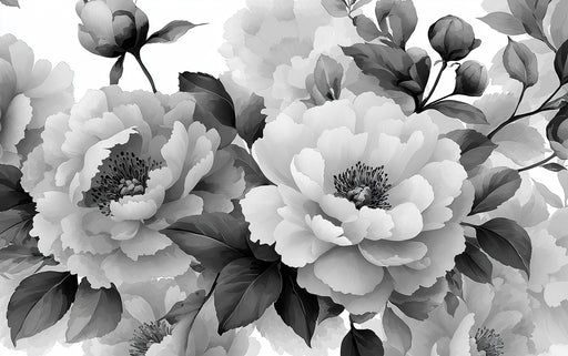 Black and white floral design with large peony-like flowers.
