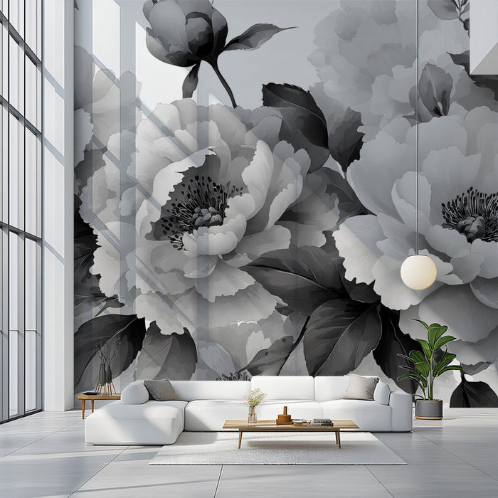 Monochrome Peony Floral Mural Wallpaper | Elegant Black & White