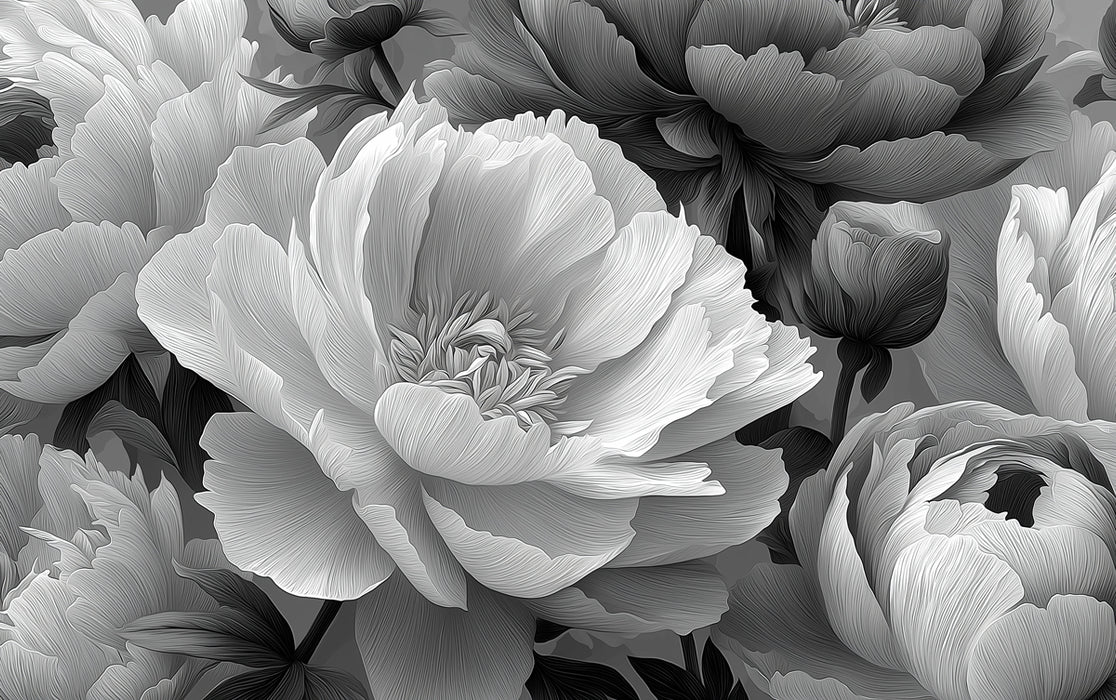 Monochrome Peony Floral Mural Wallpaper | Elegant Black & White