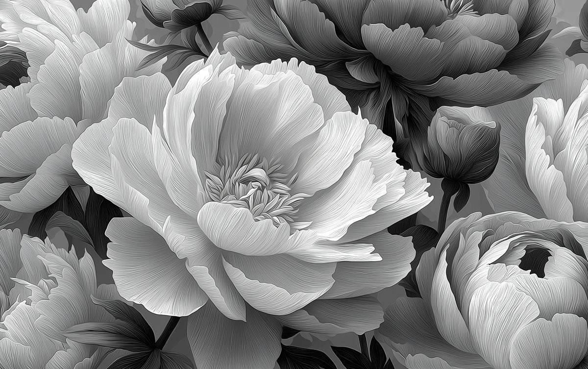 Monochrome Peony Floral Mural Wallpaper | Elegant Black & White