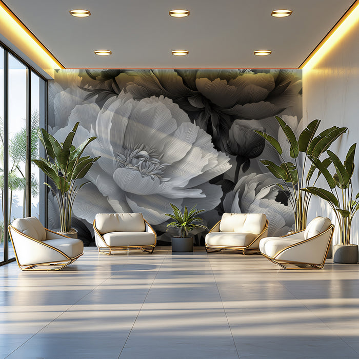 Monochrome Peony Floral Mural Wallpaper | Elegant Black & White