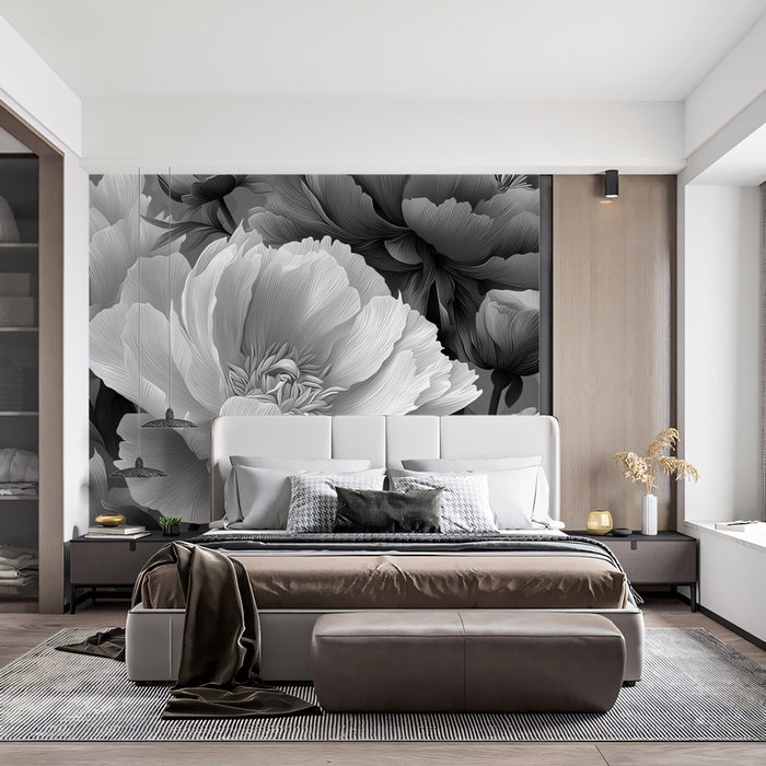 Monochrome Peony Floral Mural Wallpaper | Elegant Black & White