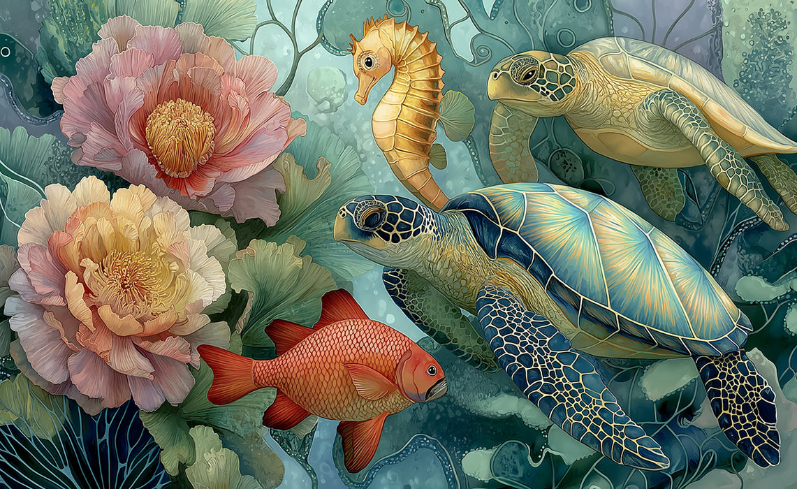 Abstract Undersea World Mural Wallpaper | Whimsical Sea Turtles & Fish