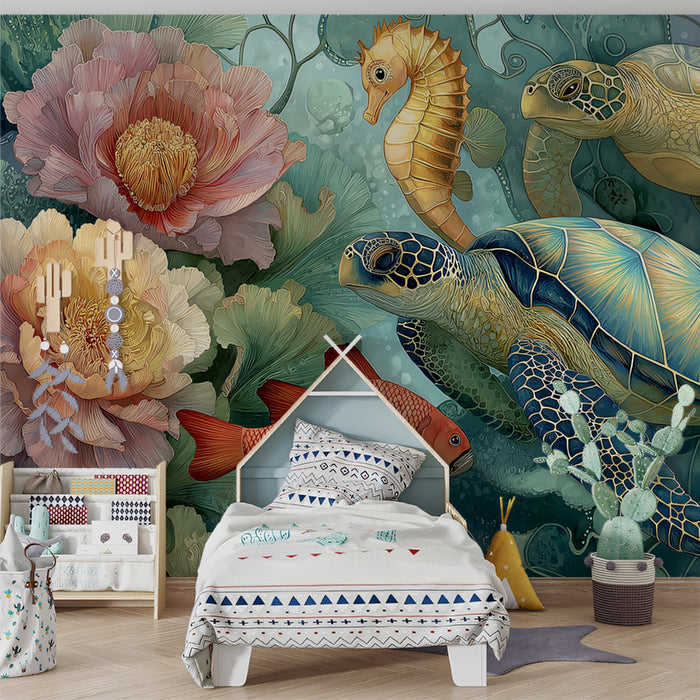 Abstract Undersea World Mural Wallpaper | Whimsical Sea Turtles & Fish