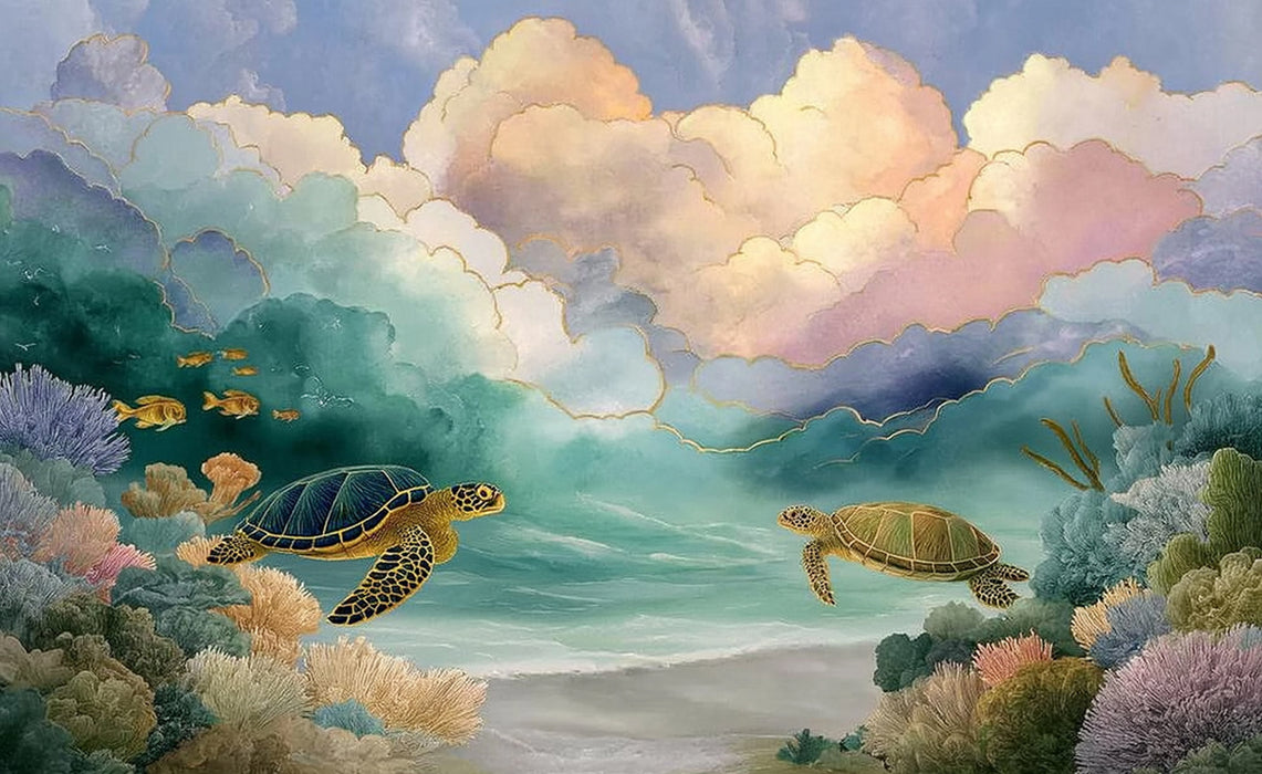 Ethereal Undersea Mural Wallpaper | Sea Turtles & Floating Clouds