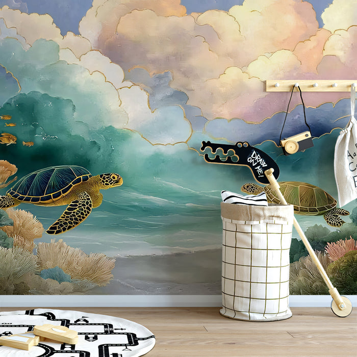 Ethereal Undersea Mural Wallpaper | Sea Turtles & Floating Clouds