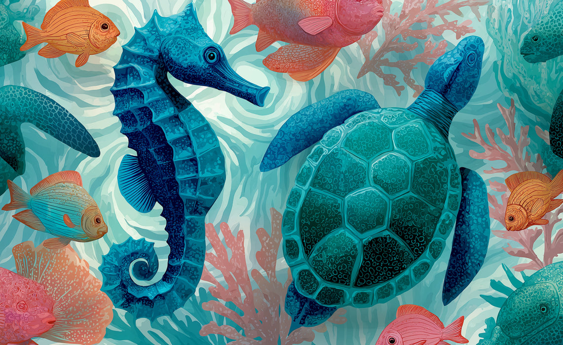 Vibrant Undersea Mural Wallpaper | Playful Sea Turtles & Seahorses