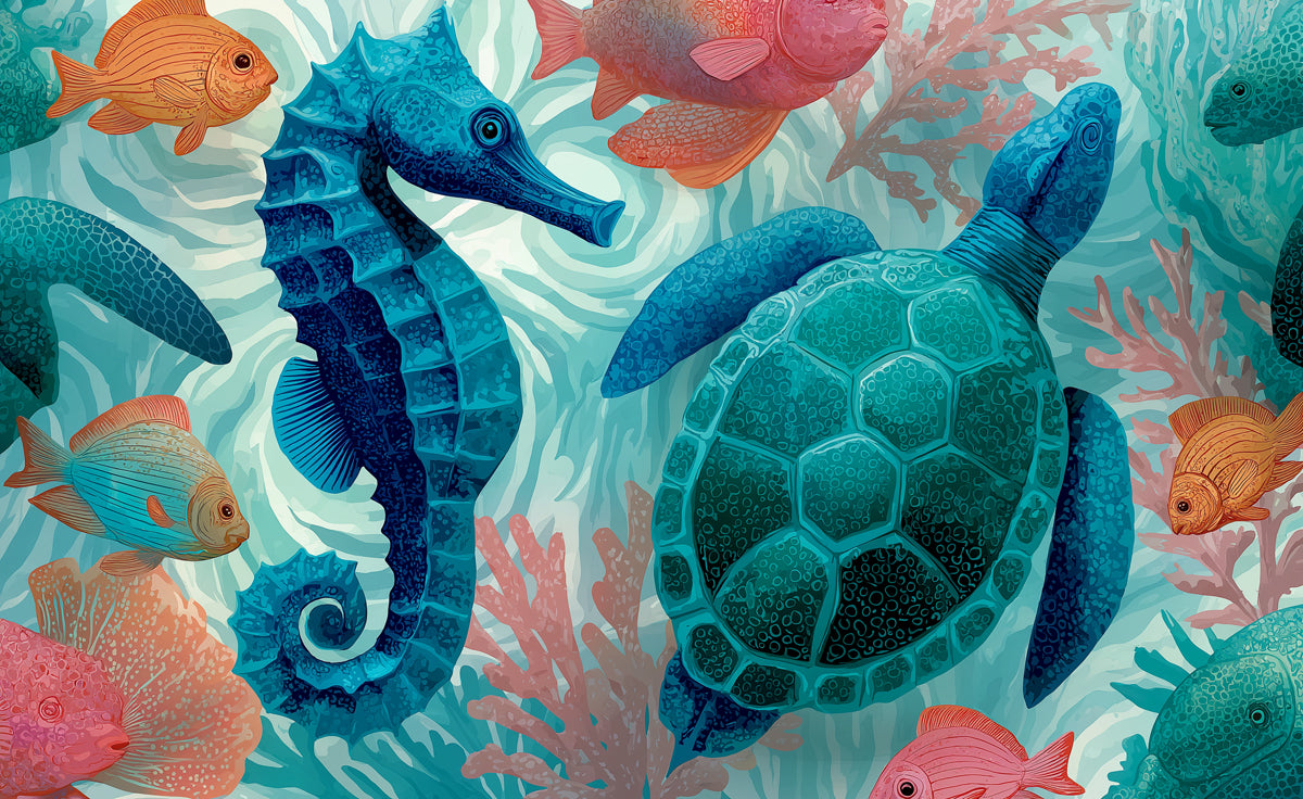 Vibrant Undersea Mural Wallpaper | Playful Sea Turtles & Seahorses