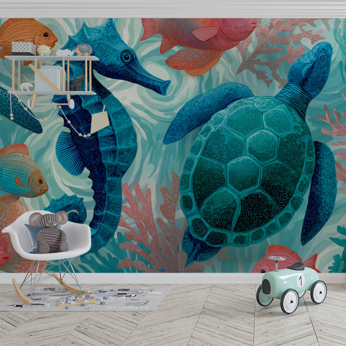 Vibrant Undersea Mural Wallpaper | Playful Sea Turtles & Seahorses