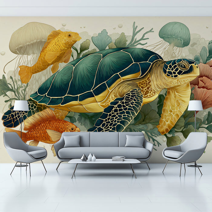 Living room with a large turtle mural on the wall, featuring goldfish and jellyfish.