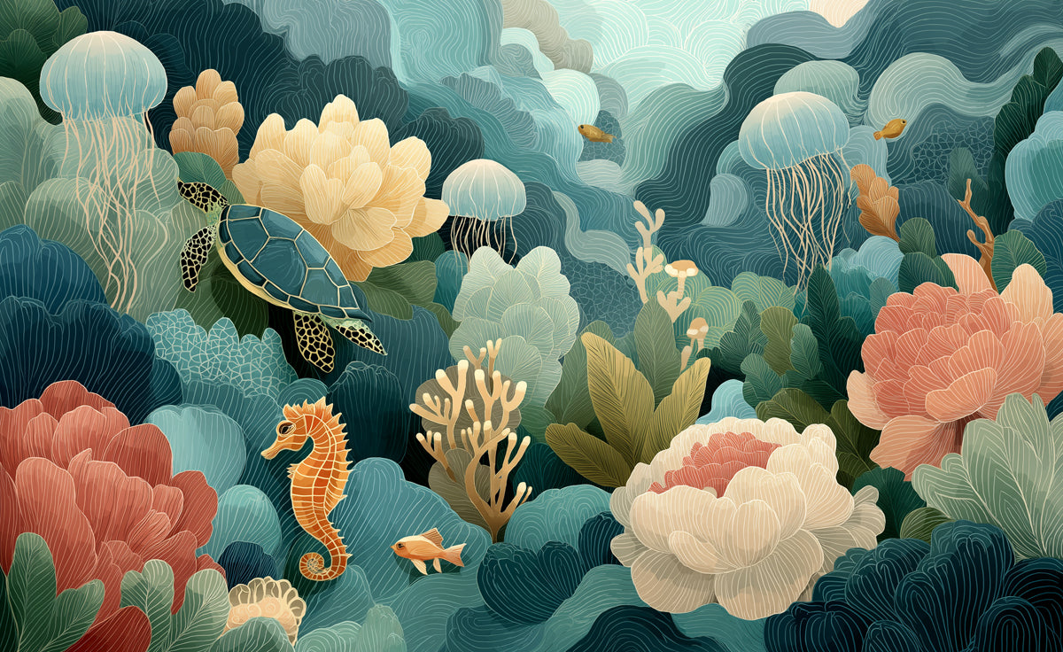 Magical Undersea Mural Wallpaper | Sea Turtle & Flowers