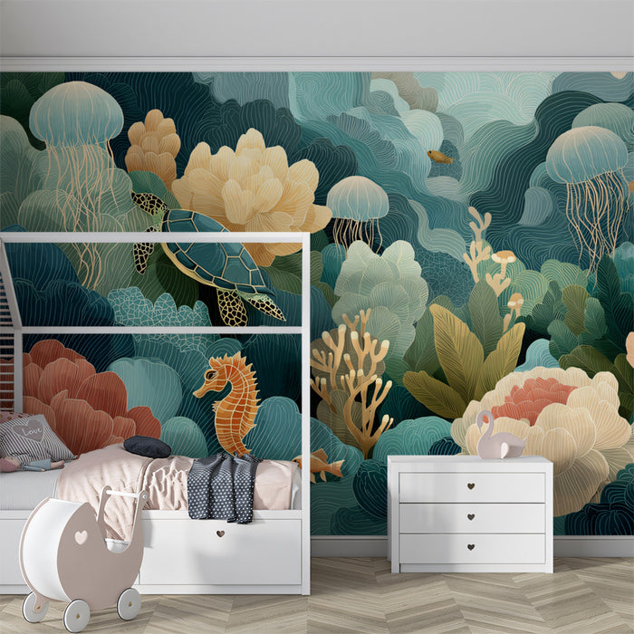 Magical Undersea Mural Wallpaper | Sea Turtle & Flowers