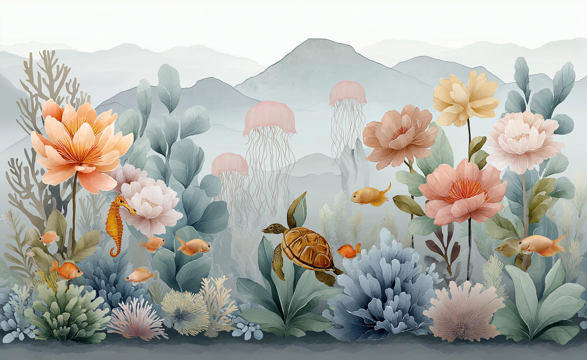Ethereal Undersea Floral Mural Wallpaper | Sea Turtle & Jellyfish