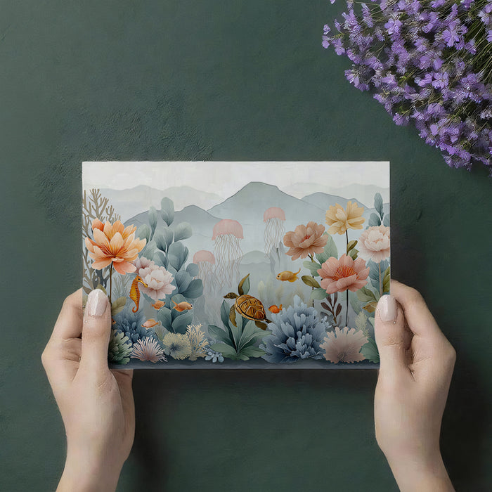 Ethereal Undersea Floral Mural Wallpaper | Sea Turtle & Jellyfish