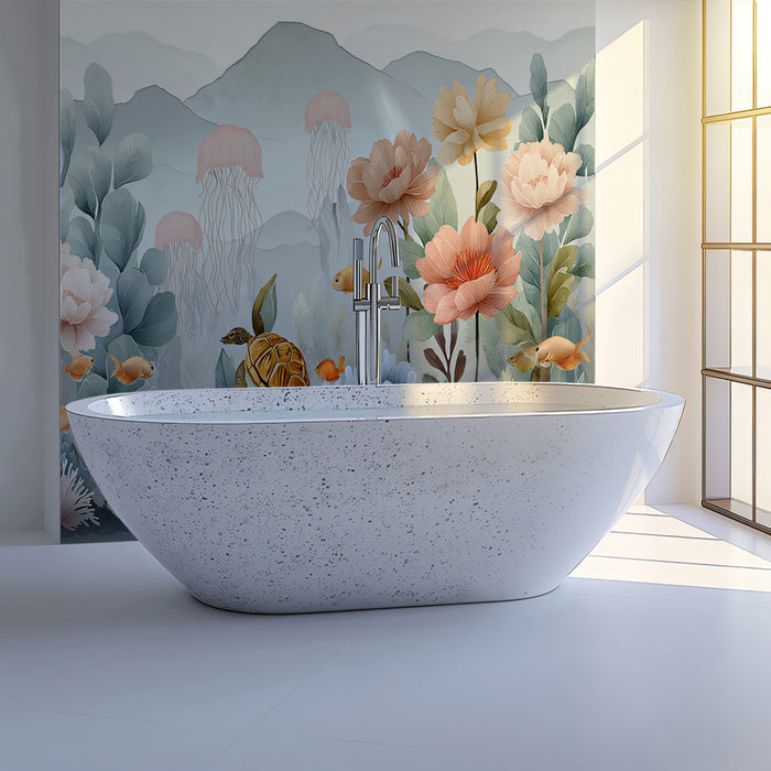 Ethereal Undersea Floral Mural Wallpaper | Sea Turtle & Jellyfish