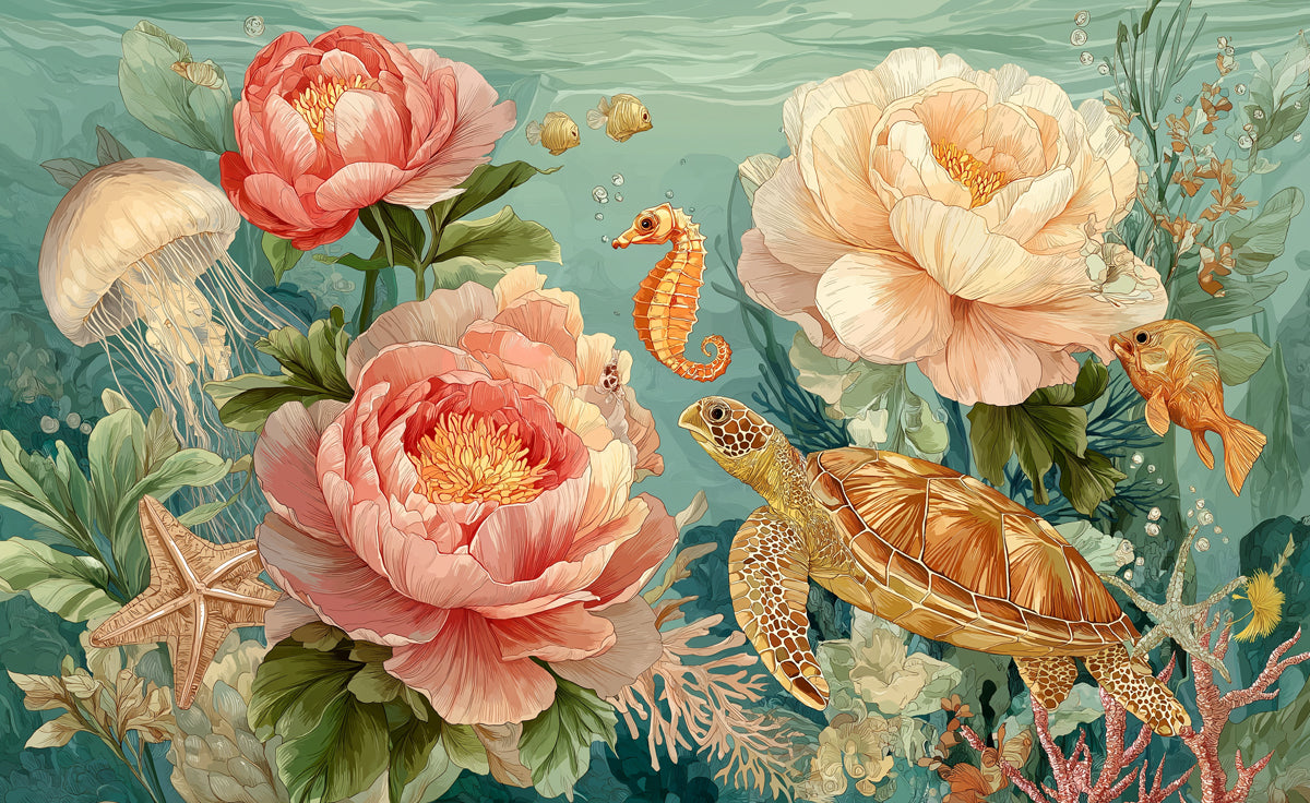Romantic Undersea Mural Wallpaper | Sea Turtle & Peony Flowers