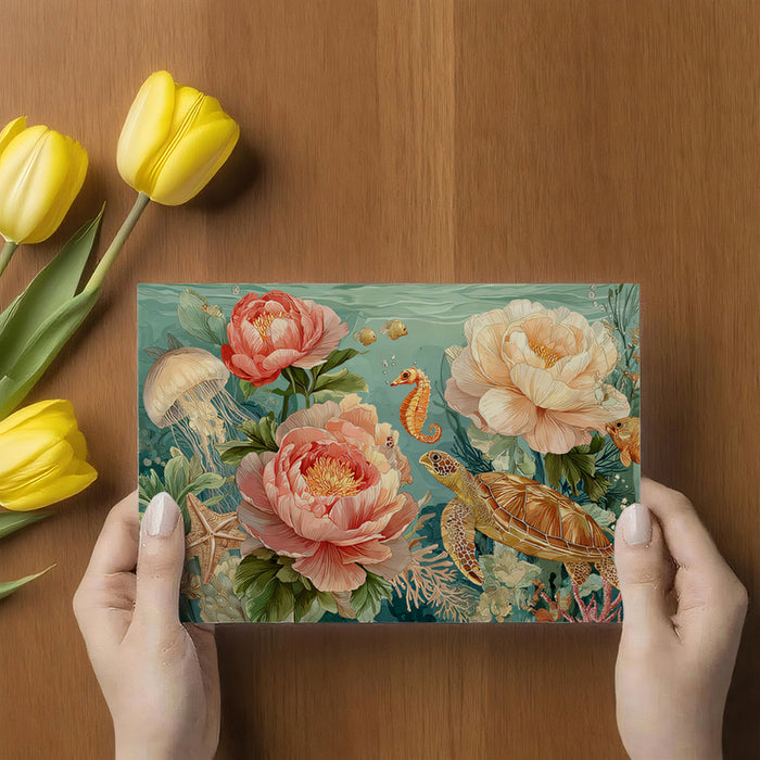 Romantic Undersea Mural Wallpaper | Sea Turtle & Peony Flowers