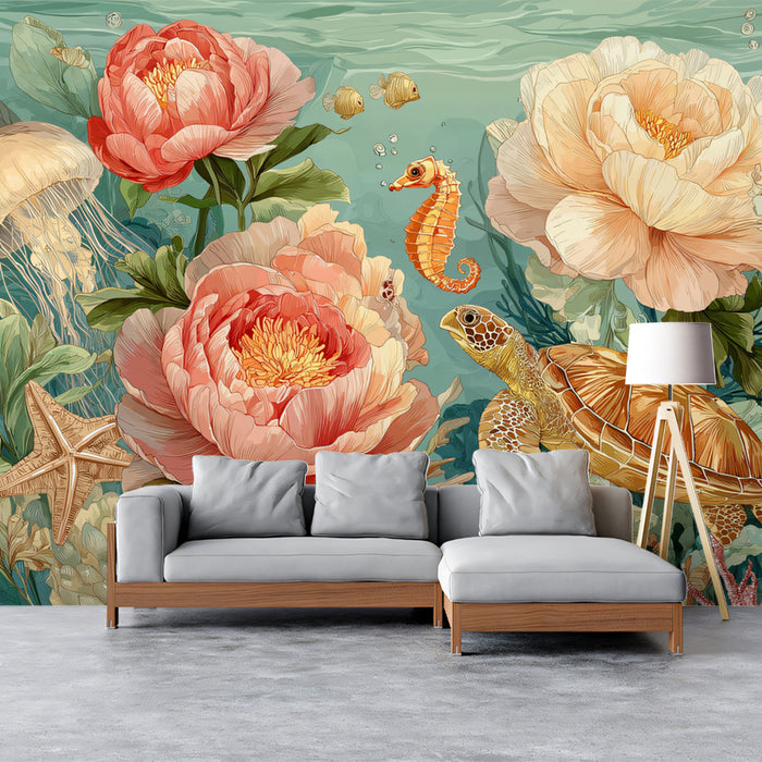 Romantic Undersea Mural Wallpaper | Sea Turtle & Peony Flowers
