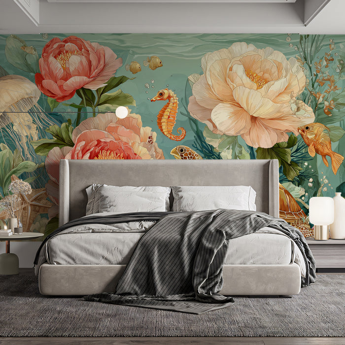 Romantic Undersea Mural Wallpaper | Sea Turtle & Peony Flowers