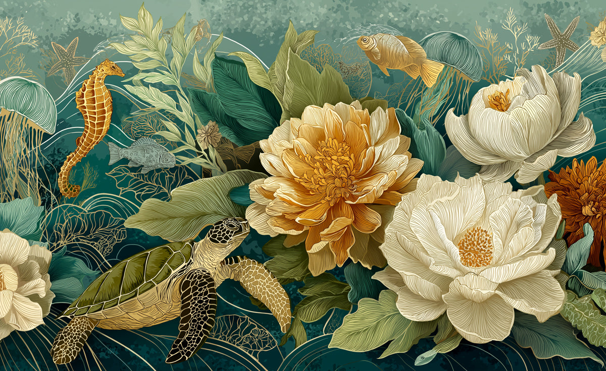 Opulent Undersea Mural Wallpaper | Golden Peonies & Sea Creatures