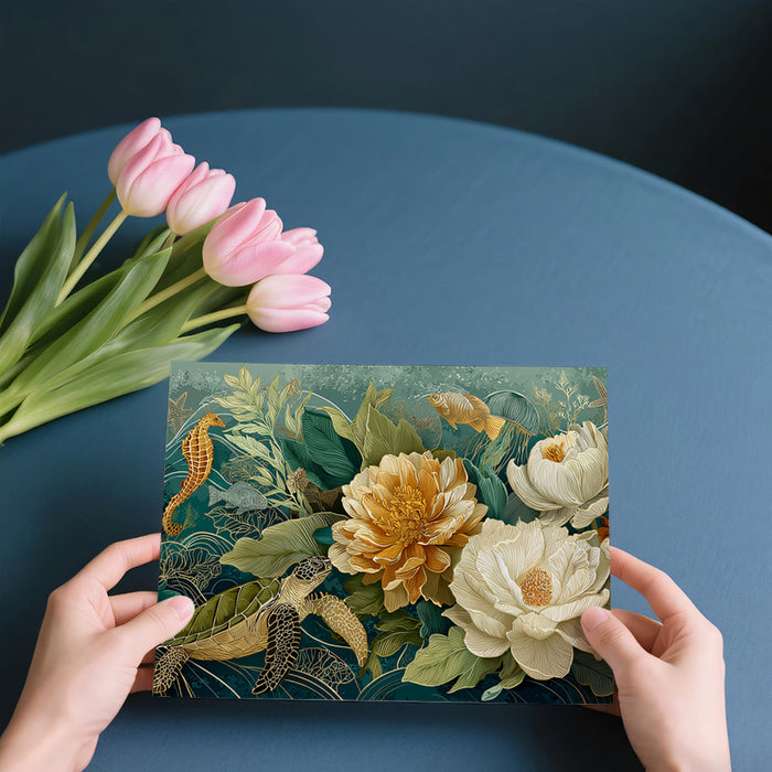 Opulent Undersea Mural Wallpaper | Golden Peonies & Sea Creatures