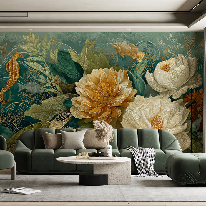 Opulent Undersea Mural Wallpaper | Golden Peonies & Sea Creatures