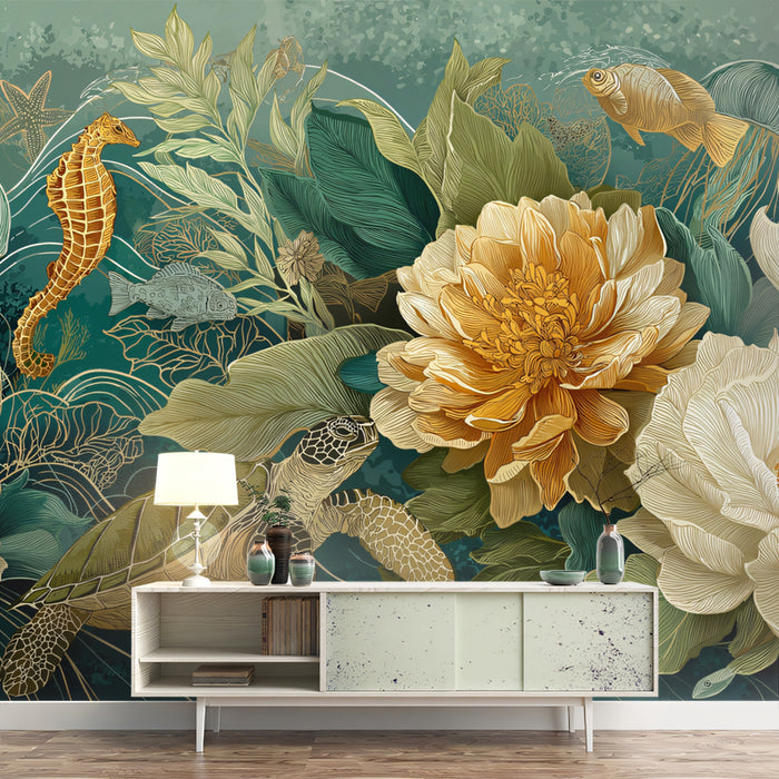 Opulent Undersea Mural Wallpaper | Golden Peonies & Sea Creatures