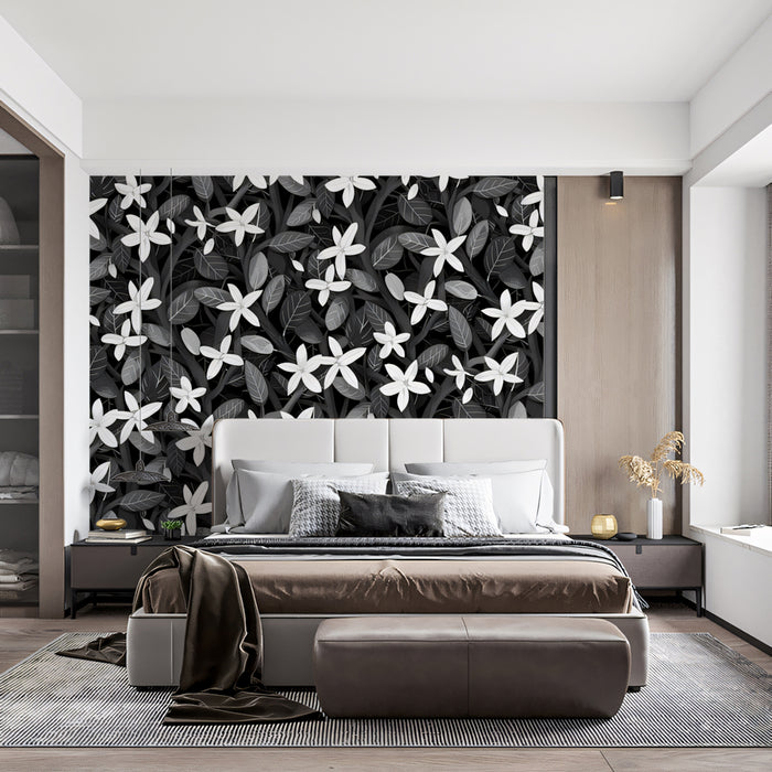 Monochrome Jasmine Pattern Wallpaper | Elegant Black & White Floral