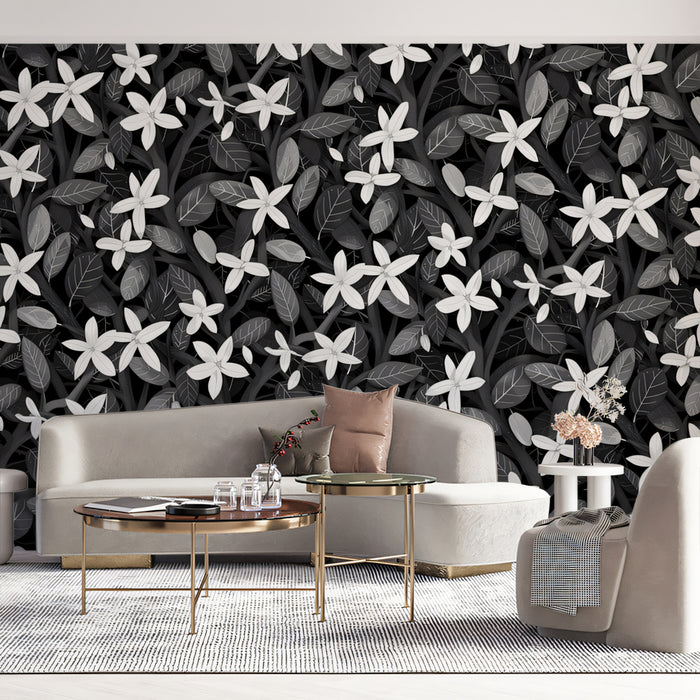 Monochrome Jasmine Pattern Wallpaper | Elegant Black & White Floral