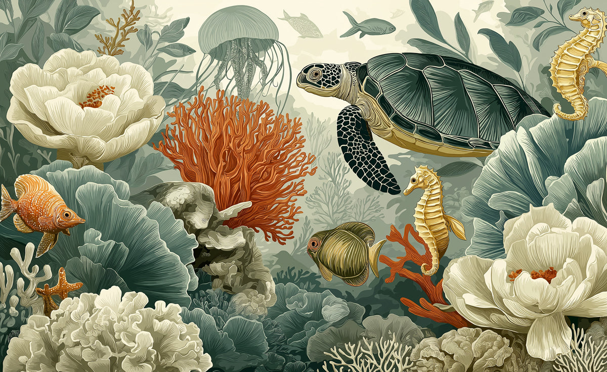 Whimsical Underwater Coral Reef Mural Wallpaper | Marine Life & Floral Fusion