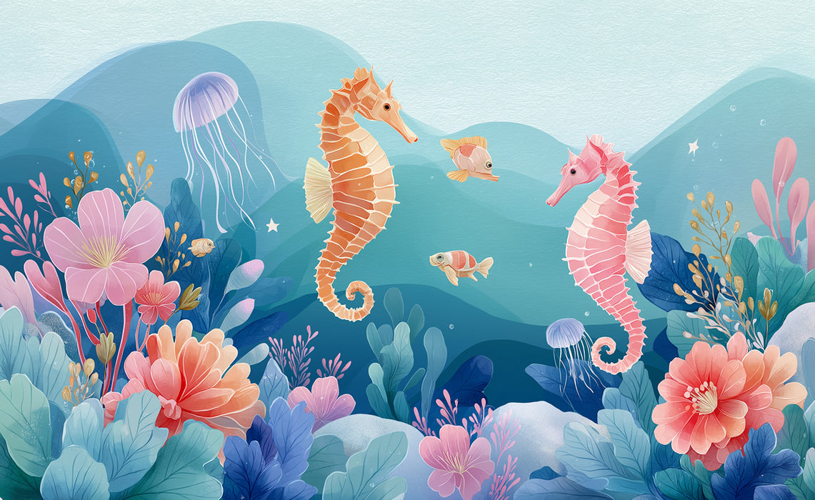 Whimsical Pastel Seahorse Mural Wallpaper | Ocean Nursery Wall Art